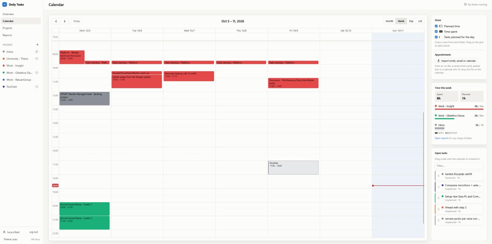 Calendario settimanale organizzato da AIDA